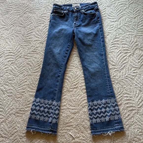Derek Lam Dark Blue Flare Jeans with White Embroidery size 26 - Picture 10 of 15